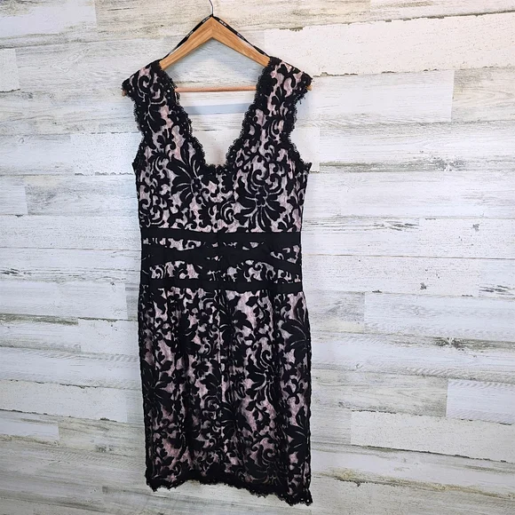 Tadashi Shoji Black Lace Overlay Cocktail Dress 16 Elegant Romantic Sheath - Picture 5 of 14